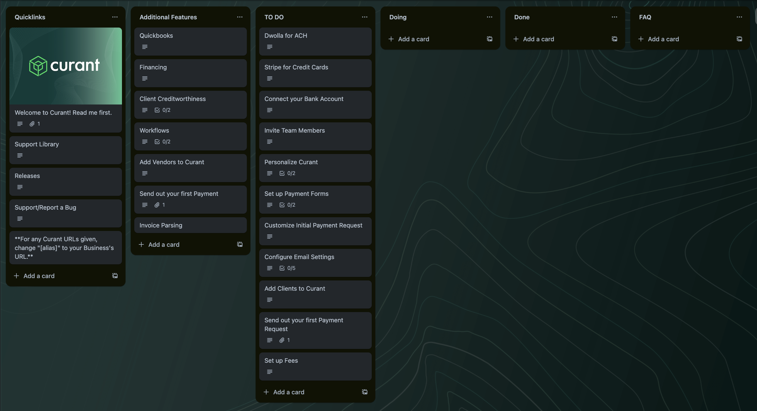 The Trello Board for customer onboarding