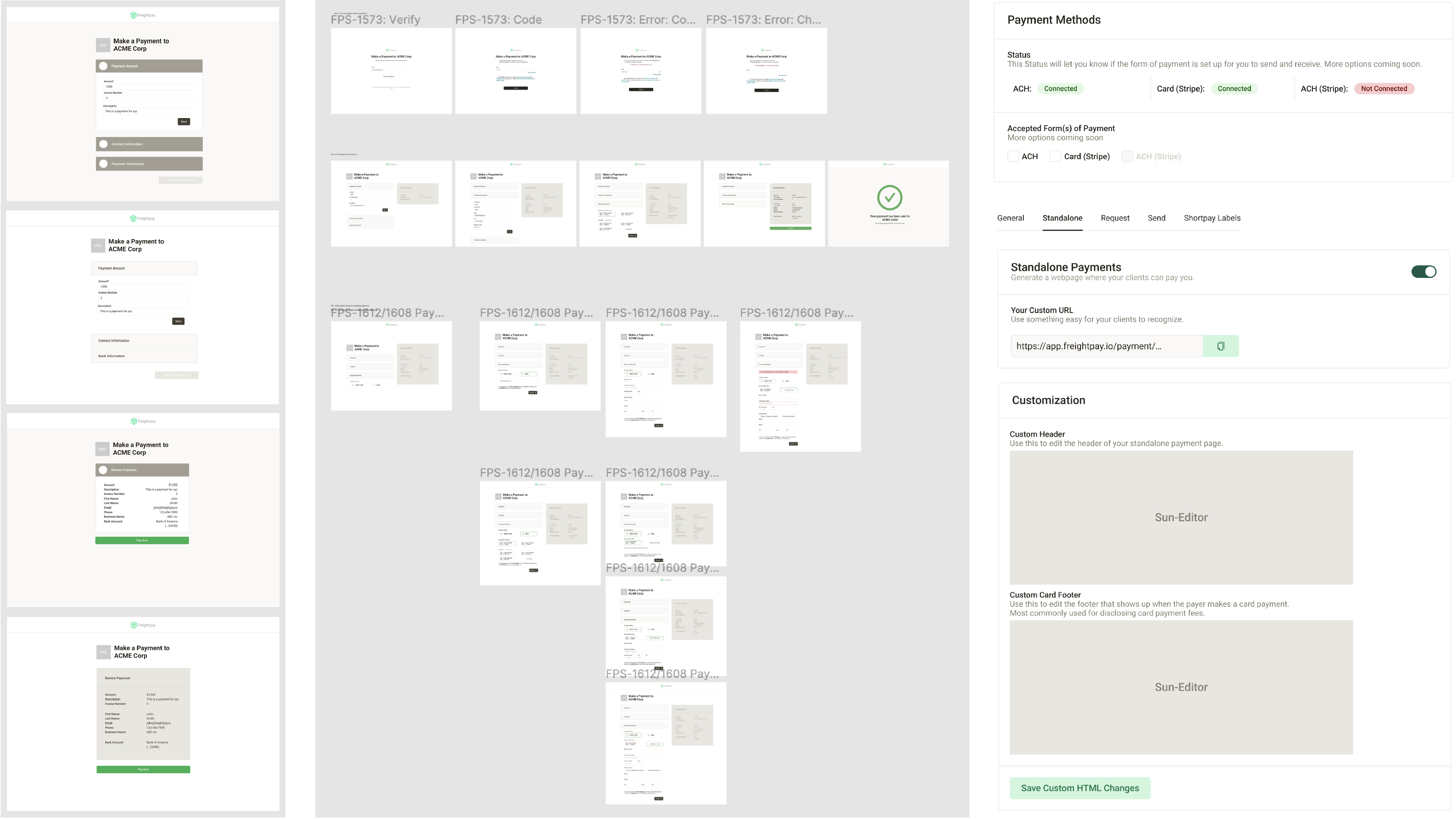 Phase 1 designs. From left to right: Iterations of Style/Design/Format, Error handling and states, Settings for the Form